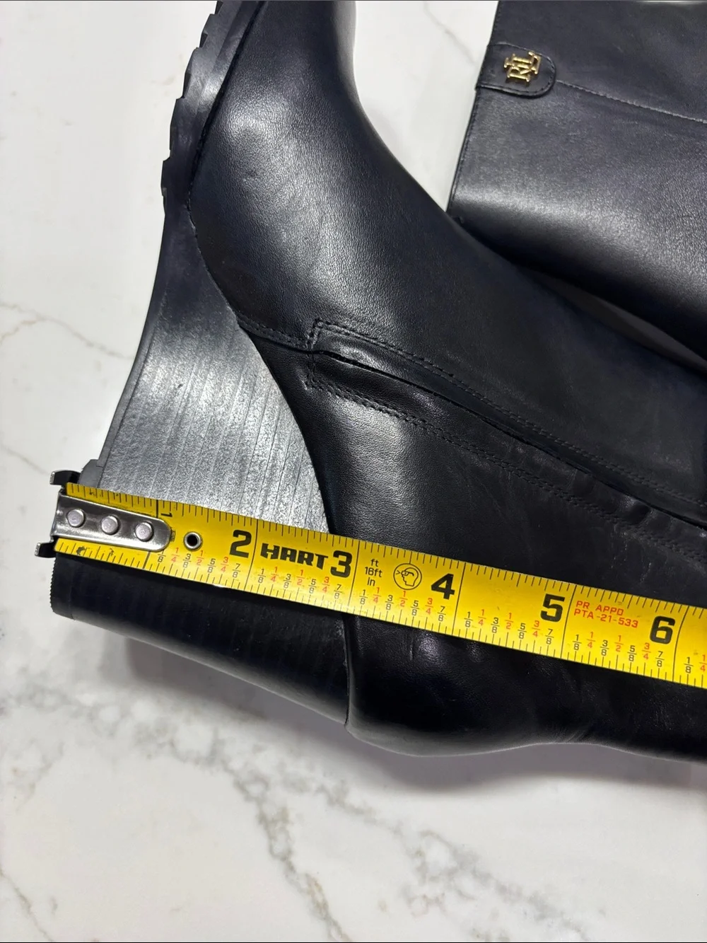 Ralph Lauren Black Leather Wedge Booties with Gold Logo